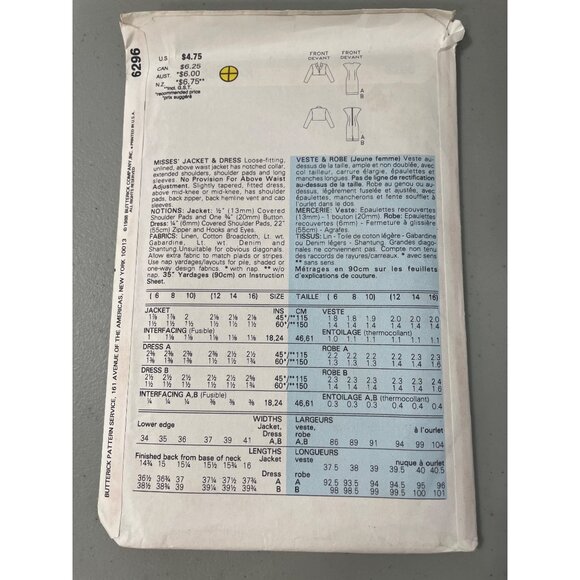 90s Butterick 6296 Sewing Pattern Sizes 12-16 Very Fast Easy Jacket Dress UNCUT - Picture 3 of 6